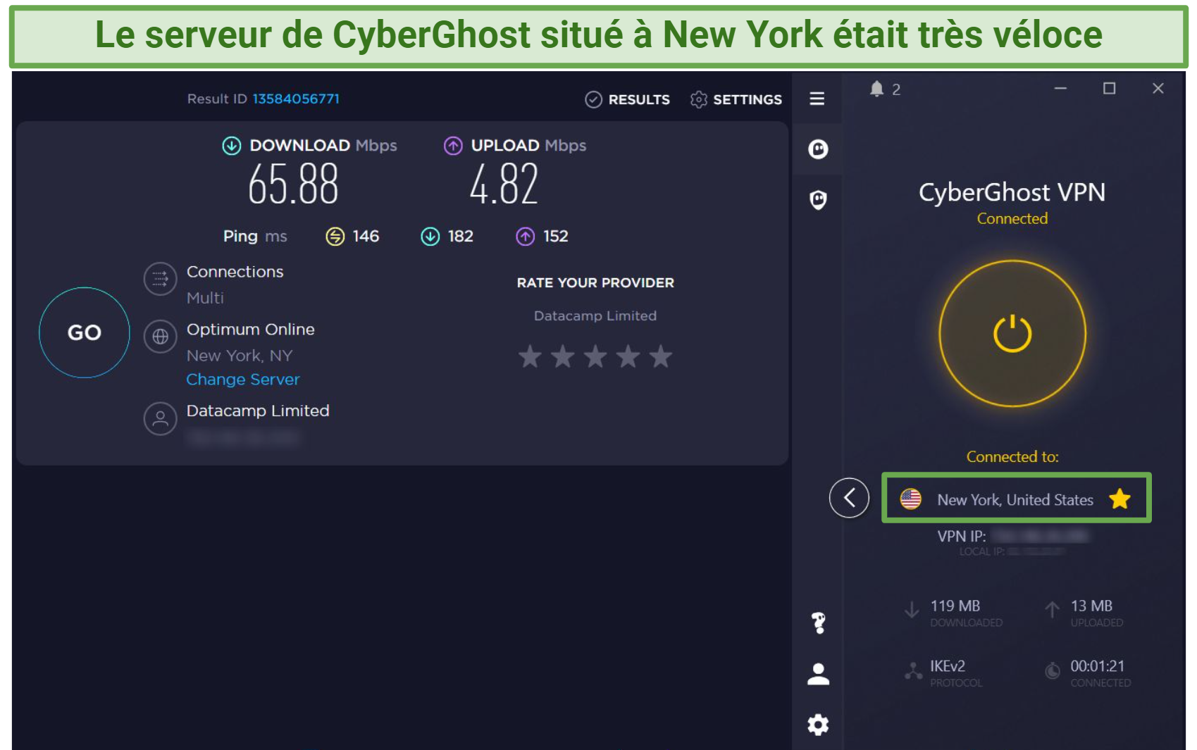 A screenshot of speed test results using CyberGhost's NY server