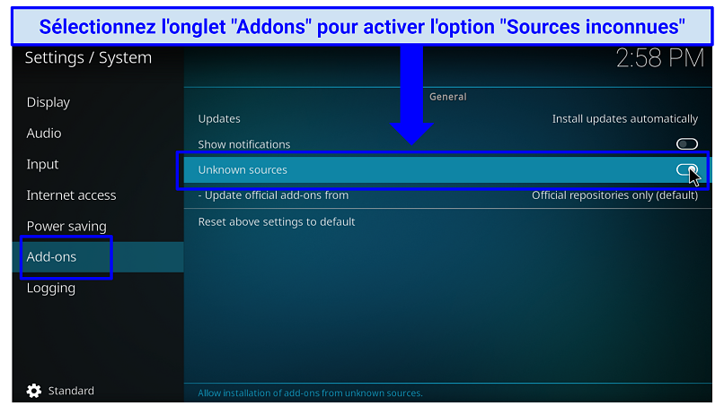 A screenshot showing you need to toggle Unkown source to ON to allow installation on third-party Kodi addons