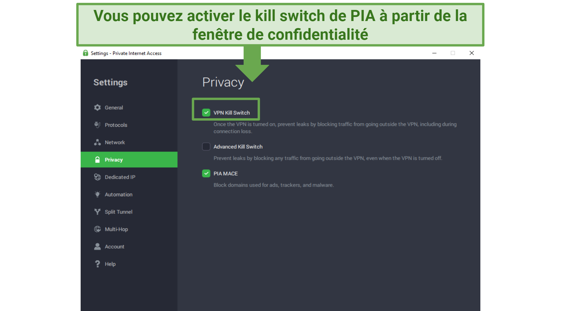 A screenshot of PIA showing how to activate the VPN kill switch.