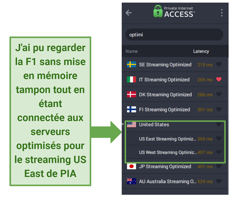PIA-was-able-watch-F1-fr Screenshot of PIA app displaying servers optimized for smooth streaming.