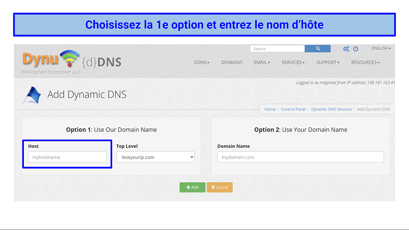 Screenshot of creating a DDNS hostname with the Dynu service