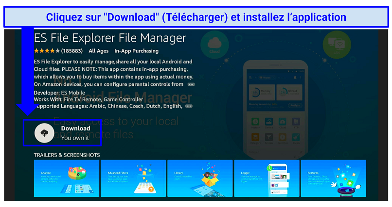 A screenshot showing the download icon to click on to download ES File Explorer