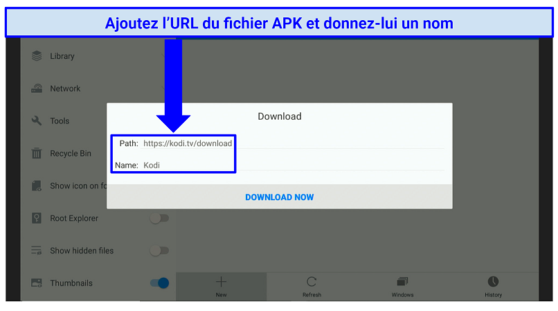 A screenshot showing it's easy to add the URL of an APK file and give it a name in Firestick.