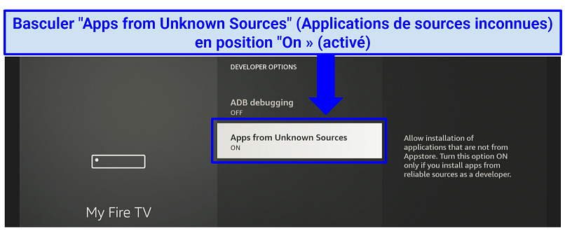 A screenshot showing you need to toggle Apps from Unknown sources to On to install apps not available on the Amazon Appstore
