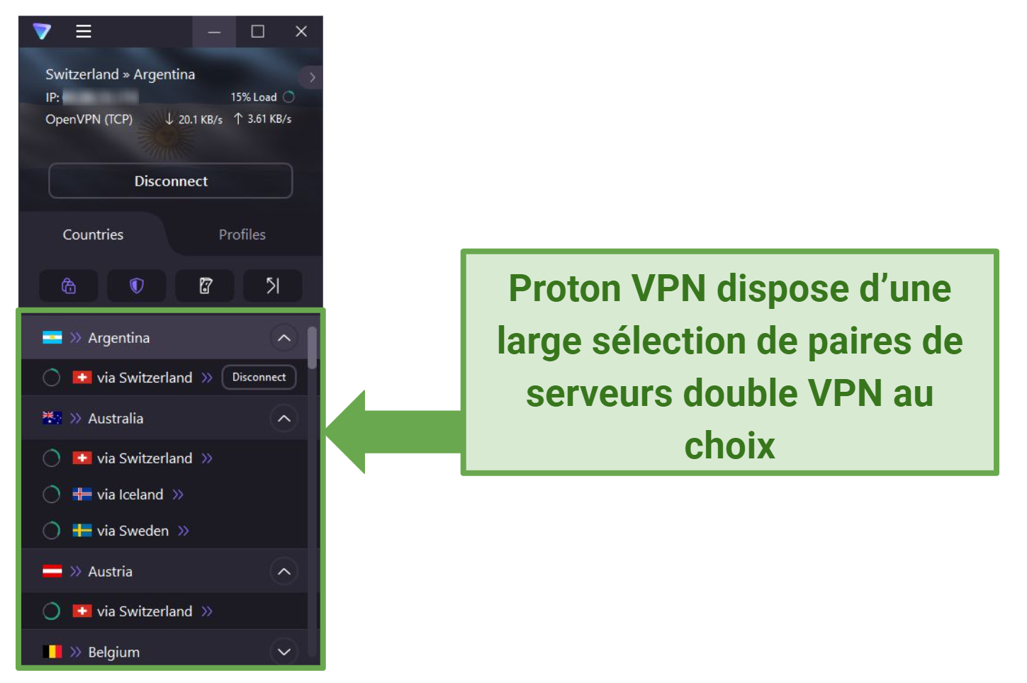 Screenshot of Proton VPN showing some of the available double VPN server pairs.