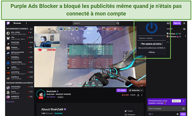 Screenshot of Purple Ads Blocker blocking ads on Twitch