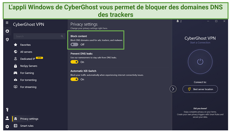 Screenshot of CyberGhost's privacy settings
