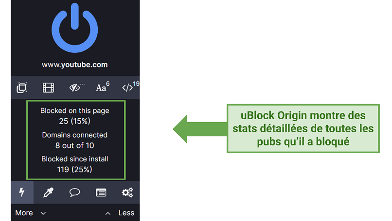Screenshot of uBlock Origin's chrome extension UI