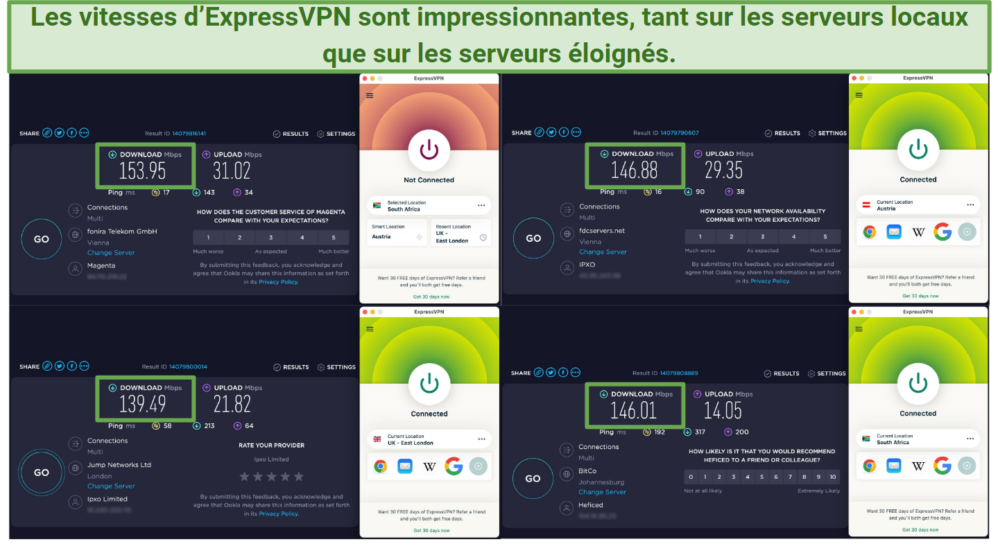 A screenshot of speed test results using ExpressVPN's servers in Austria, the UK, and South Africa
