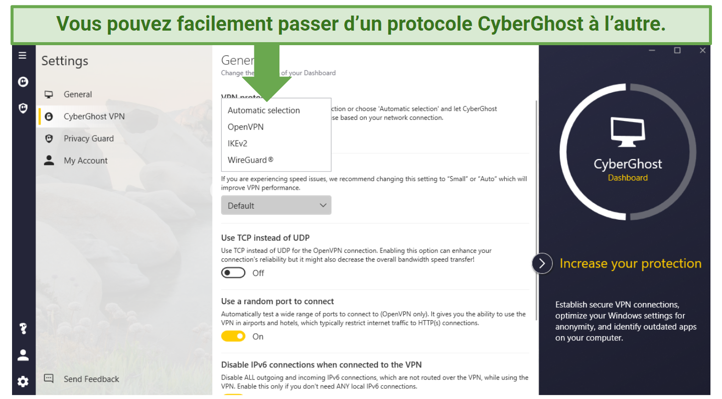 A screenshot showing CyberGhost's security protocol options