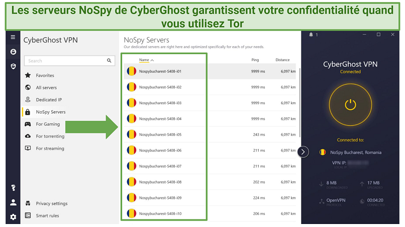 Screenshot of CyberGhost's Windows app highlighting where to the find the NoSpy servers