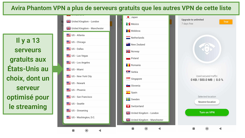 Screenshot of Avira Phantom VPN's free server options