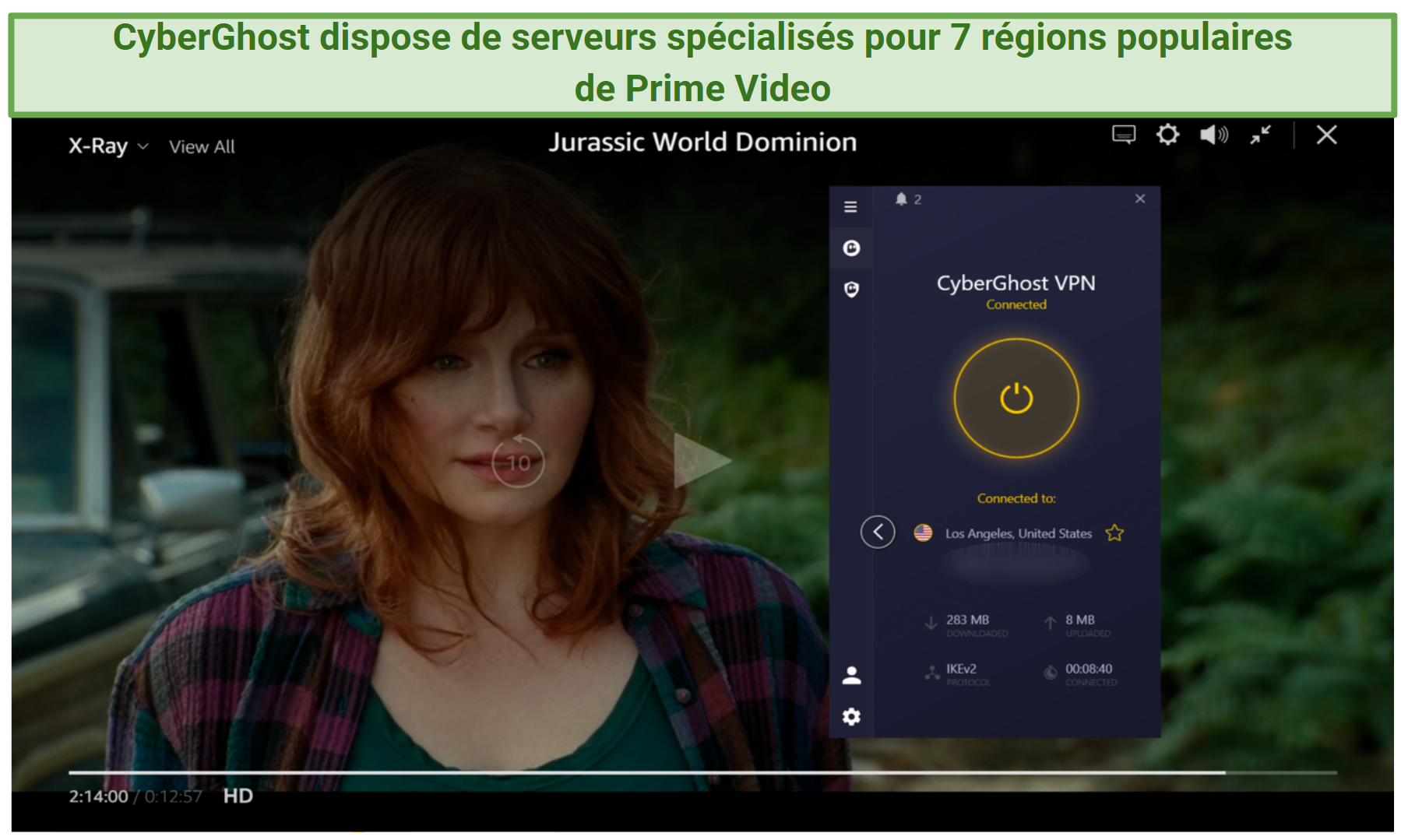 Screenshot of Jurassic World Dominion streaming on Amazon Prime Video with CyberGhost's specialty US server
