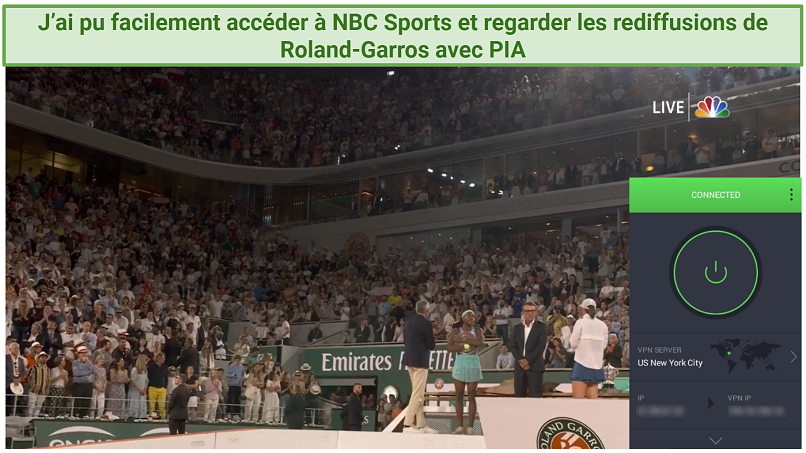 An image of PIA unblocking the French Open using a New York server to access NBC sport