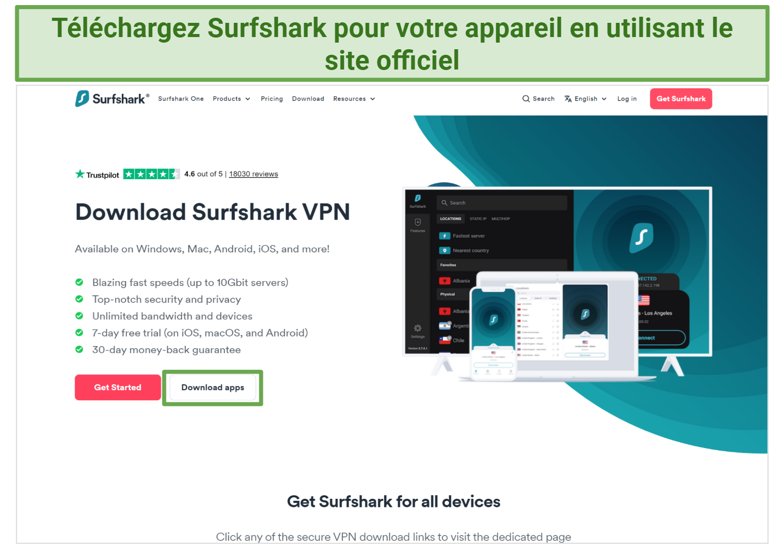 Screenshot of Surfshark's download page