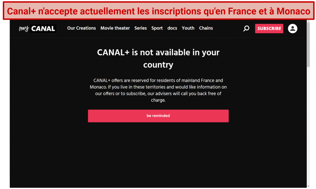 Screenshot of Canal+ is not available in your country error.