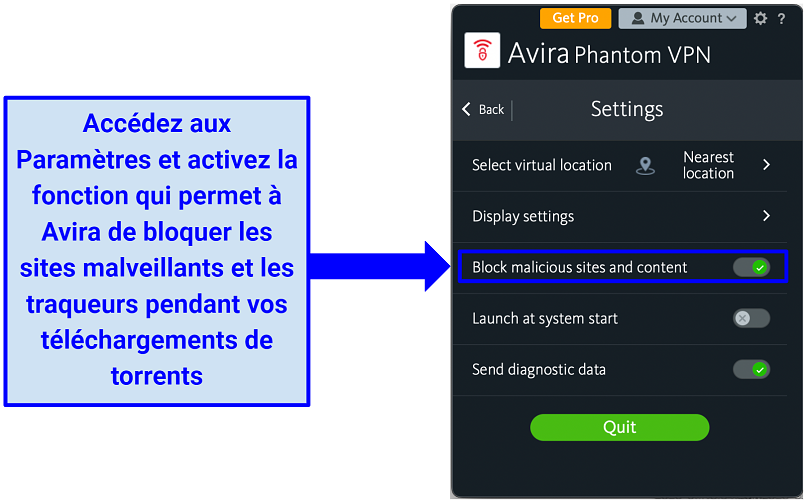 A screenshot of the free Mac version of the Avira Phantom VPN app showing how to enable the malicious site blocker in the Settings