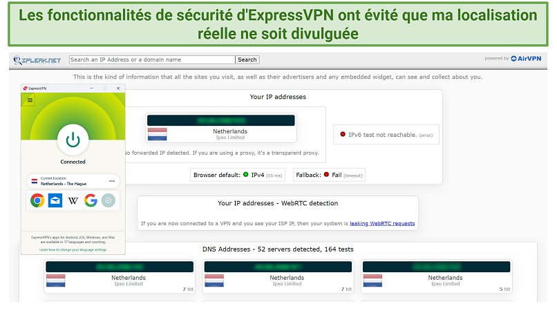 Screenshot of ExpressVPN successfully passing an IP and DNS leak test.