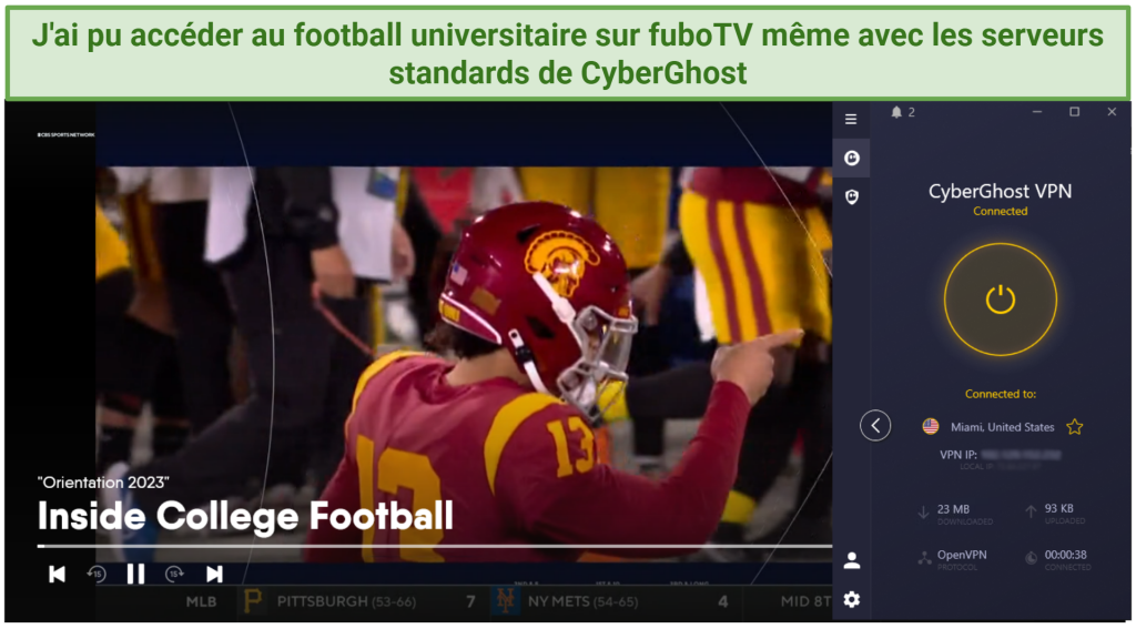 Screenshot of Inside College Football streaming on fuboTV while CyberGhost is connected to a server in Miami