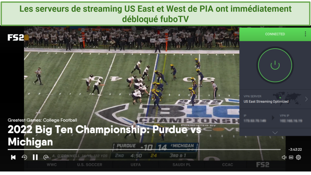 Screenshot of a rerun of a Purdue vs Michigan game playing on FS2 while PIA is connected to the US East streaming server