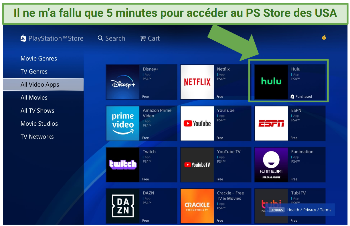 Screenshot of PlayStation Store on PS4 with Hulu and other video apps