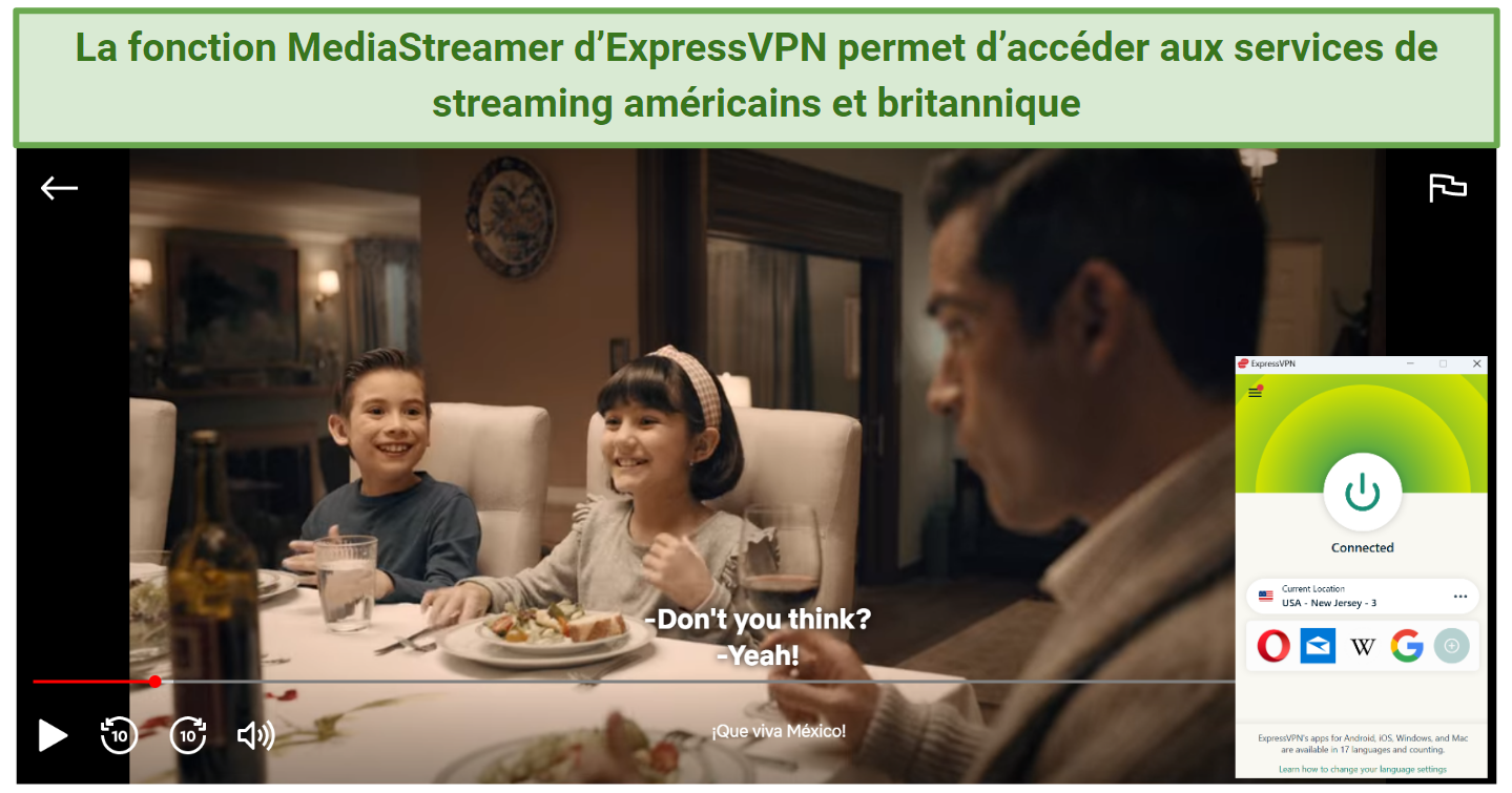 Screenshot showing ExpressVPN MediaStreamer accessing Netflix US when connected to a New Jersey server