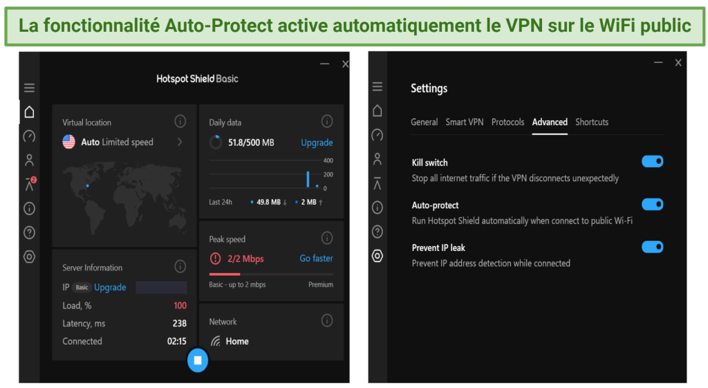 Screenshot showing the interface and features of Hotspot Shield's free version
