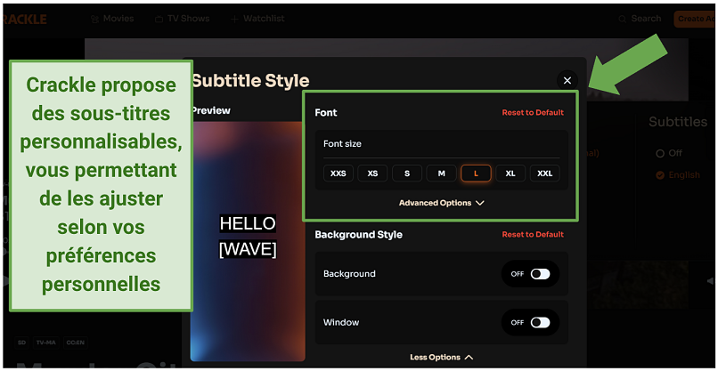 Capture d’écran des options de personnalisation des sous-titres Crackle