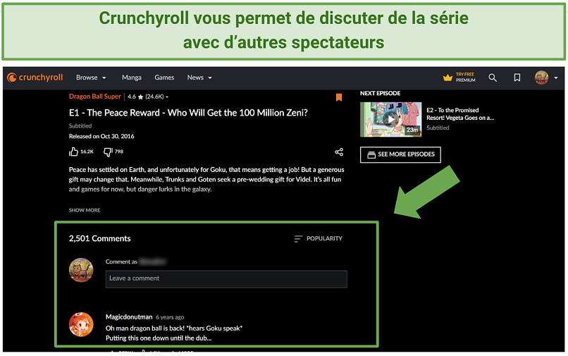 Capture d’écran de la section de commentaires de Crunchyroll