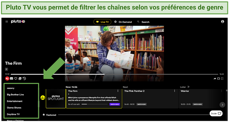 Capture d’écran de l’interface utilisateur de Pluto TV