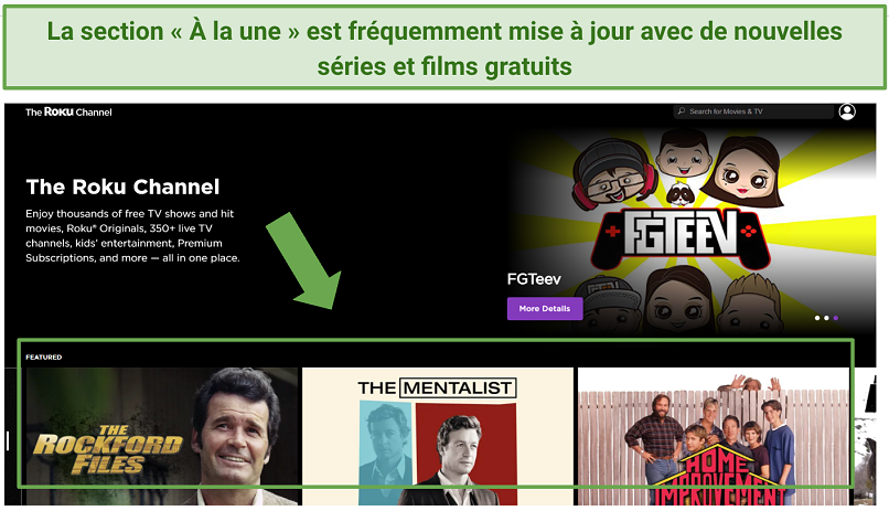 Capture d’écran de la page principale de The Roku Channel.