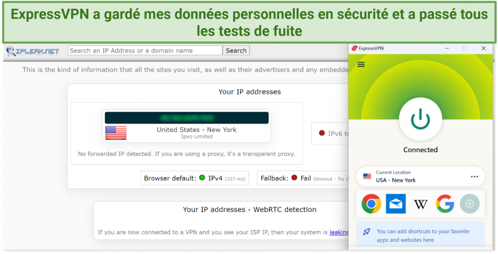 Screenshot showing ExpressVPN does not leak your IP address.