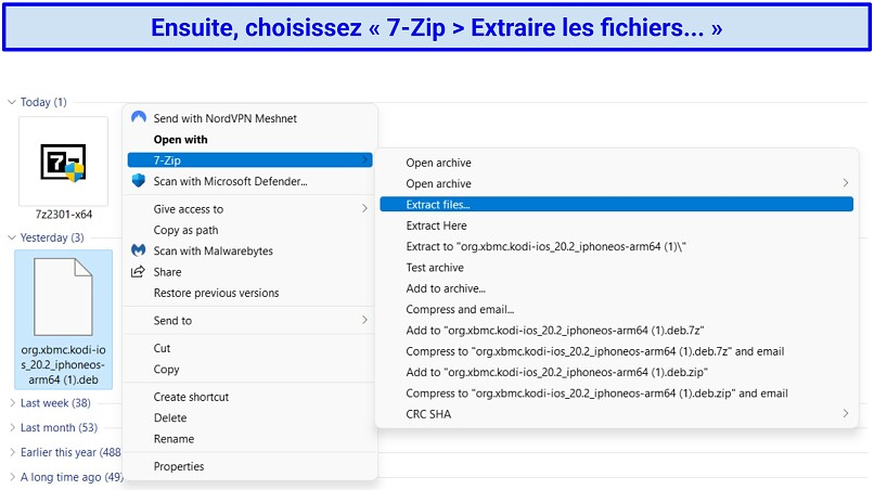 Capture d’écran montrant le processus d’extraction des fichiers depuis le fichier DEB de Kodi à l’aide de 7-Zip