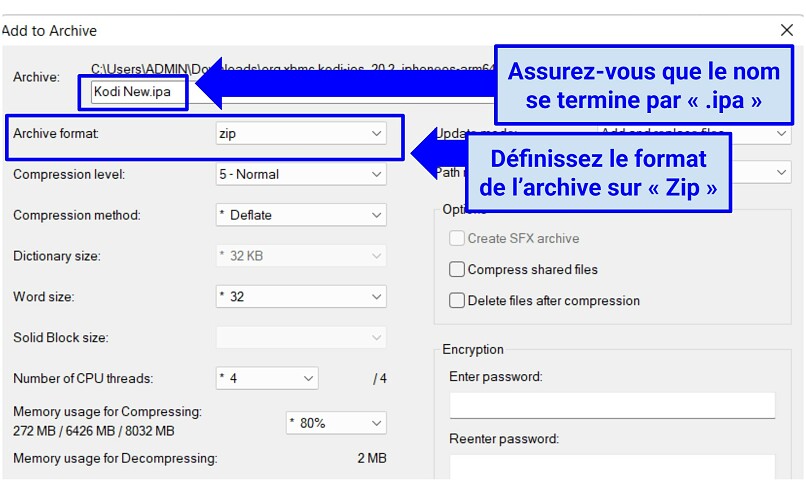 Capture d’écran montrant comment désigner un nom de fichier pour l’IPA dans 7-Zip et le format d’archive à sélectionner avant de passer d’un fichier DEB de Kodi à un fichier IPA