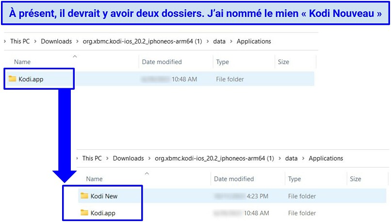 Capture d’écran montrant les deux dossiers essentiels nécessaires avant de convertir un fichier DEB de Kodi en IPA de Kodi