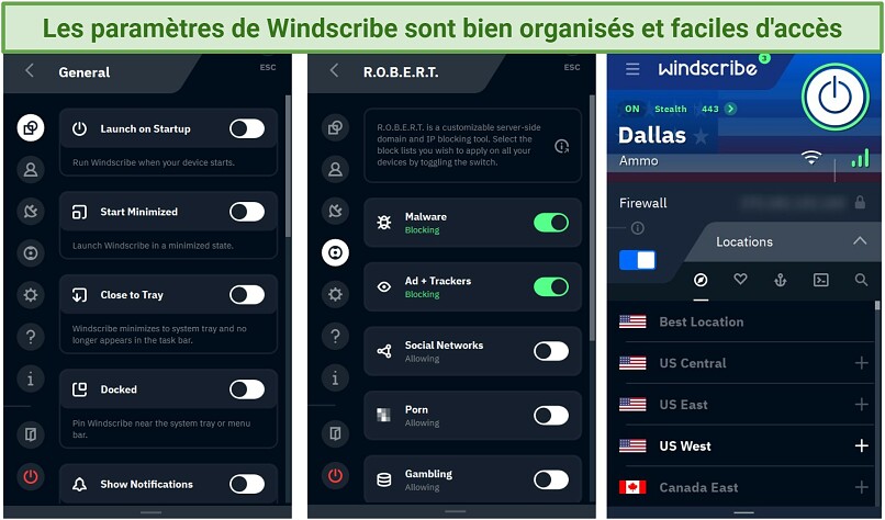 Screenshot of Windscribe's Windows app highlighting the tabs for the general settings and the R.O.B.E.R.T. feature