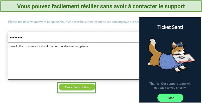 Screenshot of the cancellation page you can access through your Windscribe account