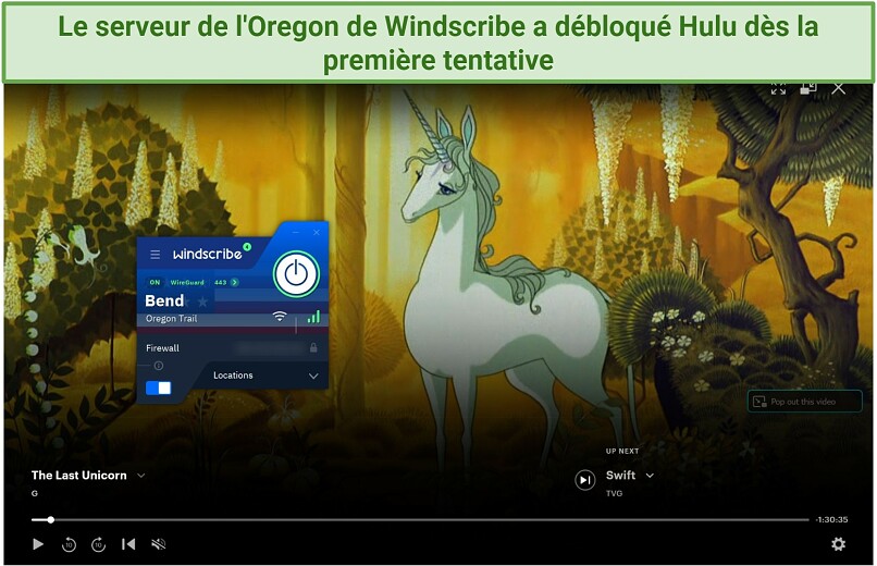 Capture d'écran du lecteur Hulu en train de diffuser The Last Unicorn tout en étant connecté au serveur Bend Oregon Trail de Windscribe