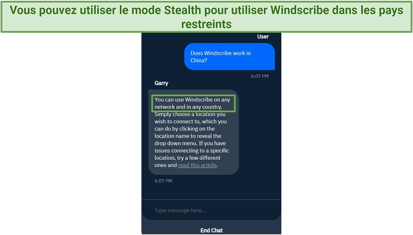 Capture d'écran d'une conversation avec le support Windscribe confirmant son fonctionnement en Chine