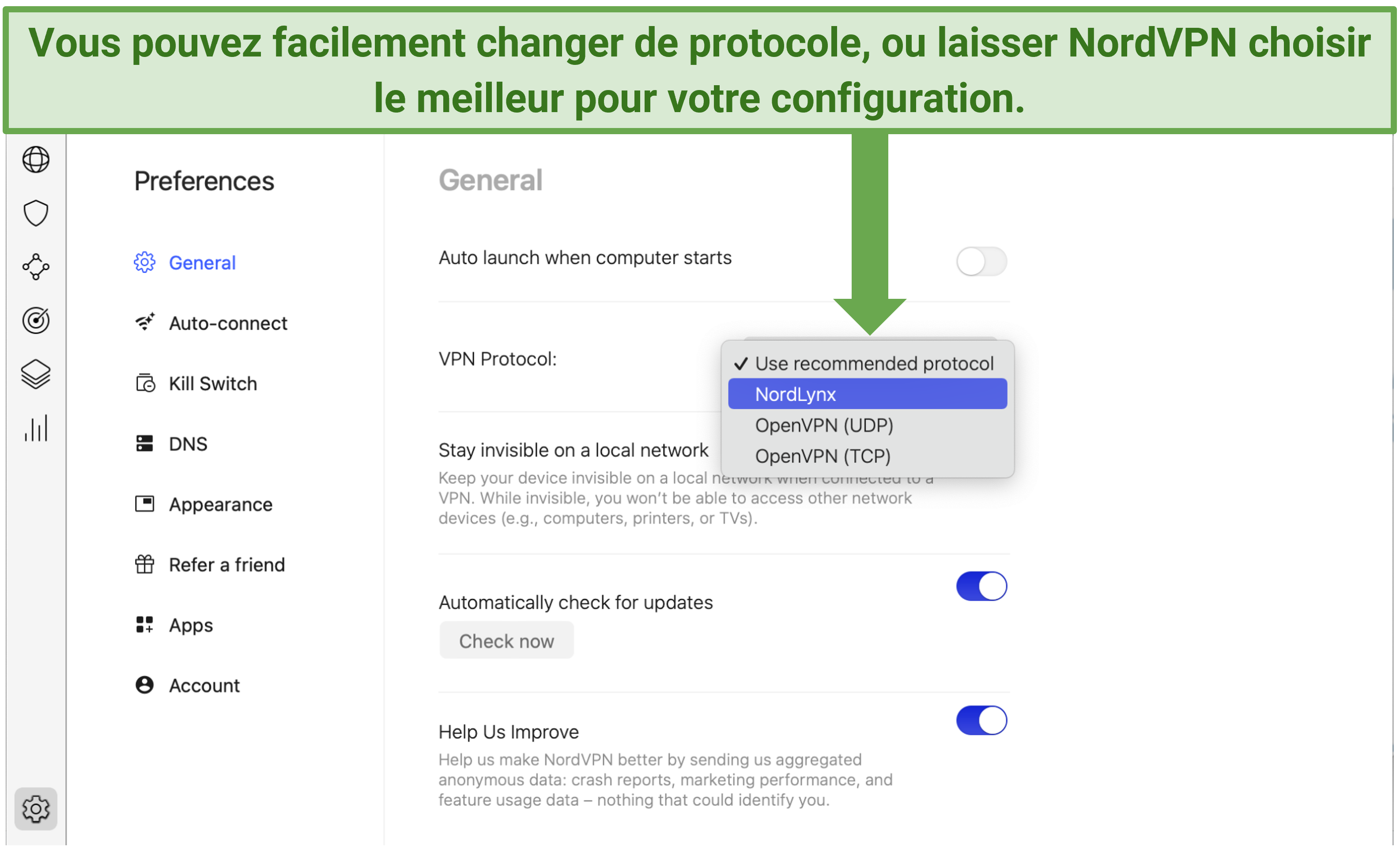 Capture d’écran montrant comment basculer les protocoles dans le panneau de configuration de NordVPN