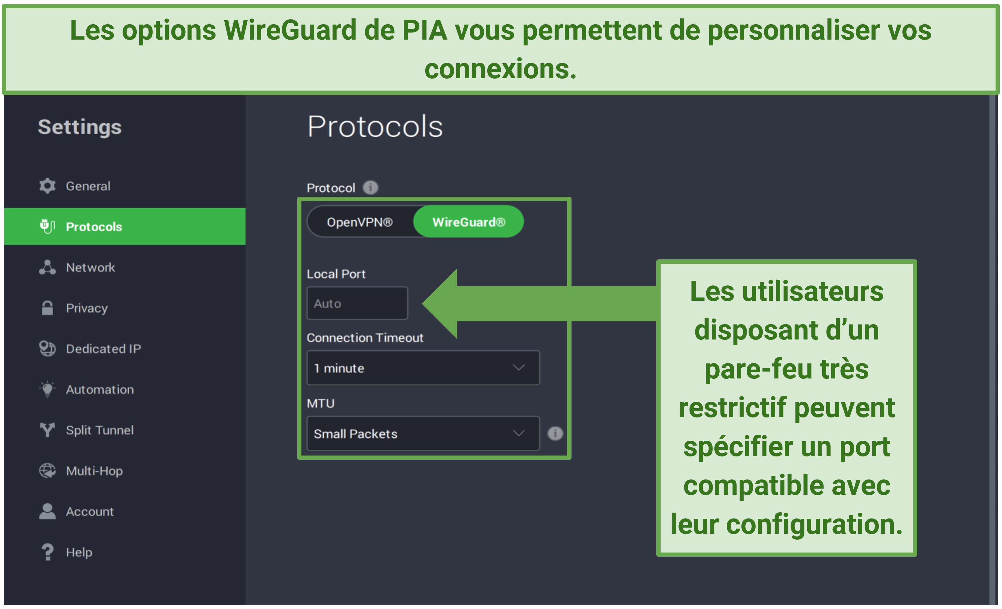 Capture d’écran montrant les options personnalisables de WireGuard dans les paramètres de l’application PIA