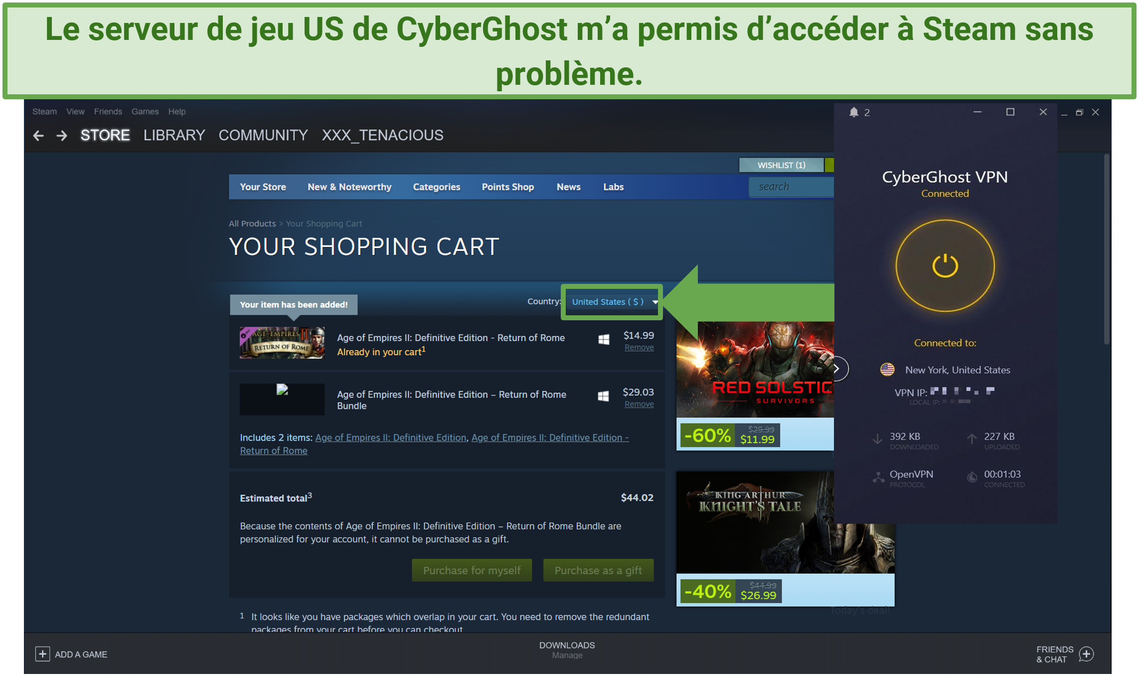 Capture d’écran du magasin US de Steam avec CyberGhost connecté