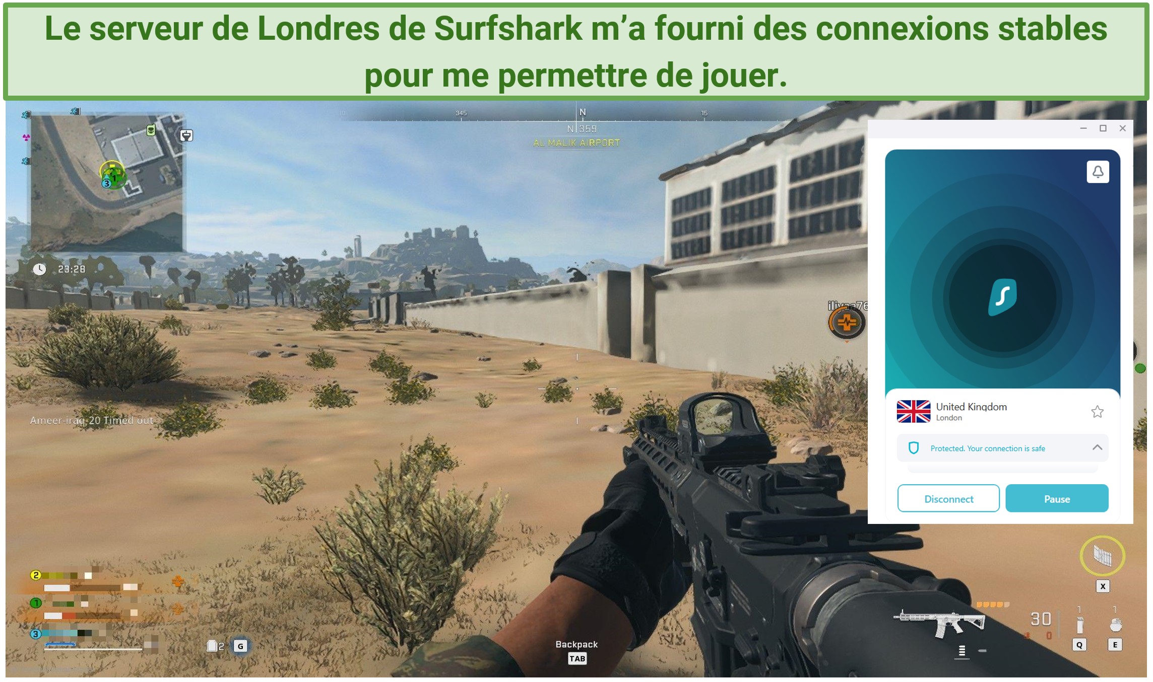 Capture d’écran montrant le gameplay de Warzone avec Surfshark connecté
