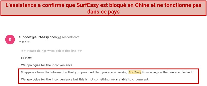 Screenshot of an email from SurfEasy staff confirming the VPN doesn't work in China