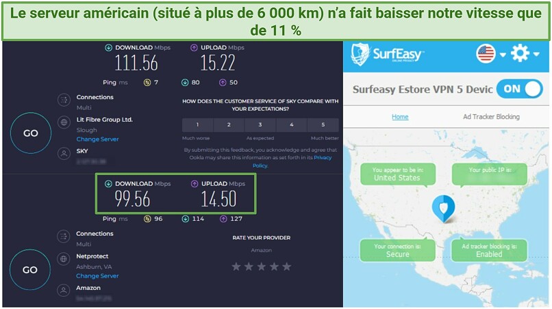 Screenshot of Ookla speed test done with no VPN connected and while connected to SurfEasy's United States server