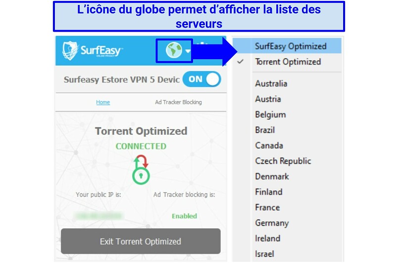 Screenshot of SurfEasy's Windows app highlighting the server network list