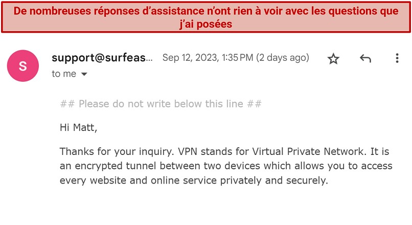 Screenshot of an email from SurfEasy support that did not answer my question
