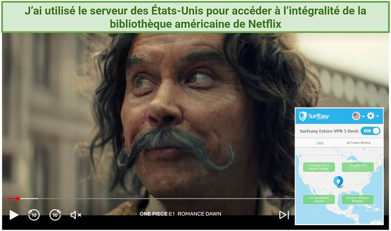 Screenshot of Netflix player streaming One Piece while connected to SurfEasy's US server