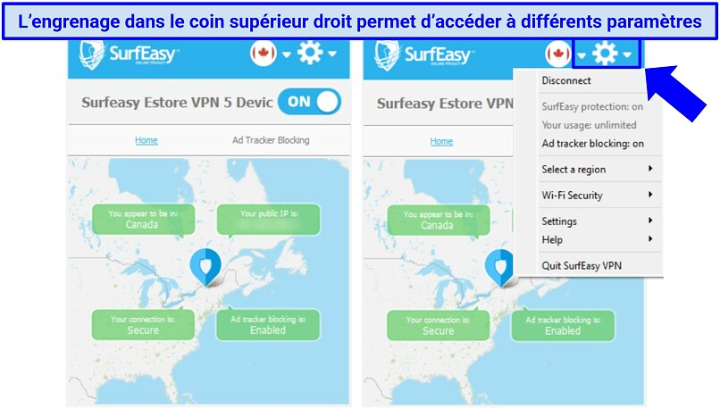 Screenshot of SurfEasy VPN's Windows app highlighting how to access the settings menu