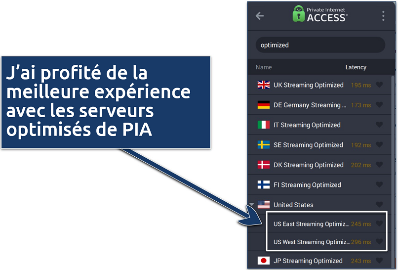 Screenshots of PIA server list showing the servers optimized for streaming
